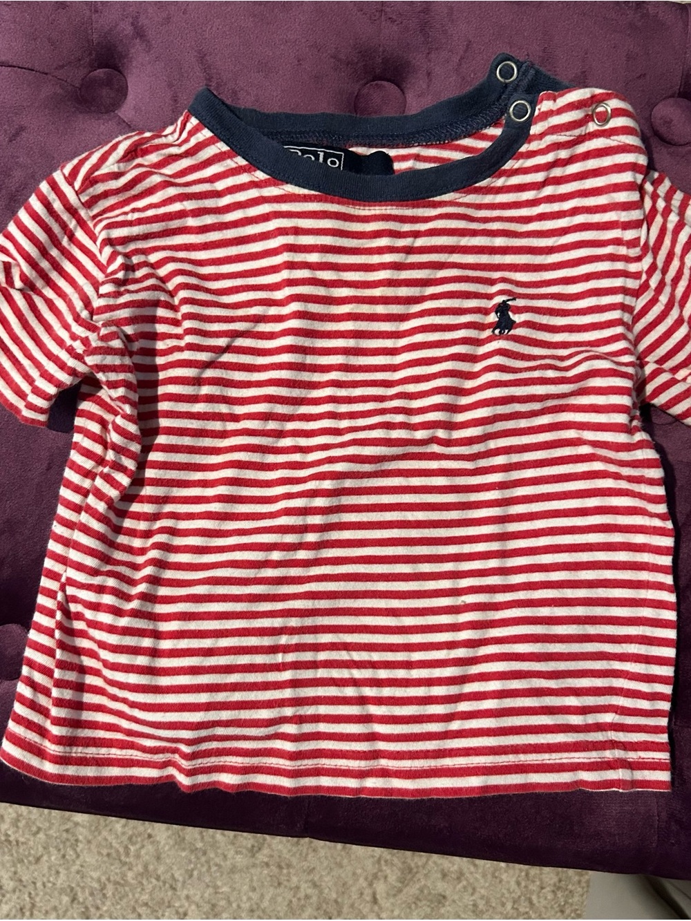 Sz 6-12mPolo by Ralph Lauren Red & White Striped Short Sleeve Tee with Navy Trim